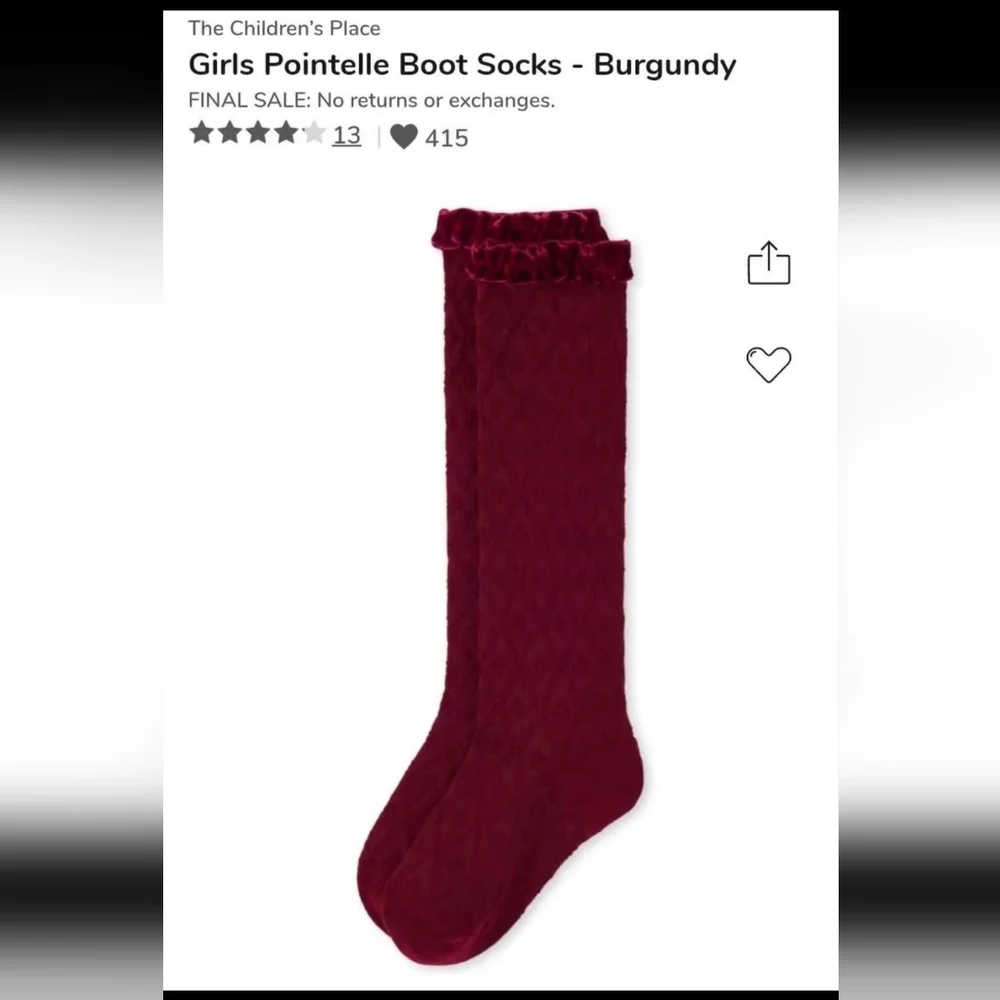 Girls pointelle burgundy boot socks NEW